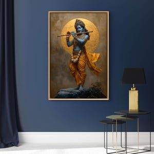 Immerse yourself in divine grace with this exquisite art piece of Lord Krishna playing the flute. The vibrant colors and intricate details make it a captivating addition to any spiritual or cultural space.