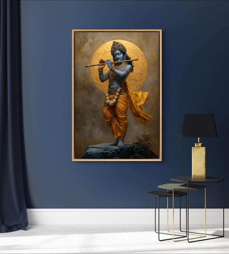 Immerse yourself in divine grace with this exquisite art piece of Lord Krishna playing the flute. The vibrant colors and intricate details make it a captivating addition to any spiritual or cultural space.