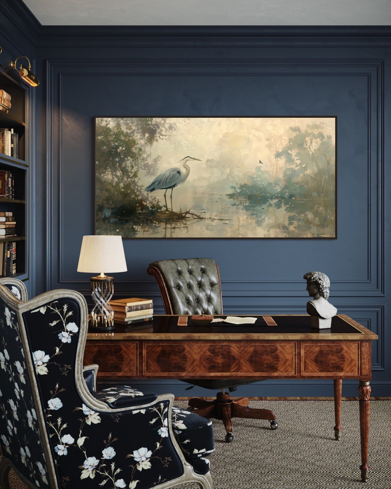 A serene heron stands amidst a tranquil swamp, reflected in the calm waters, set against a backdrop of ethereal, golden-hued trees and a soft, diffuse light that permeates this peaceful landscape painting.