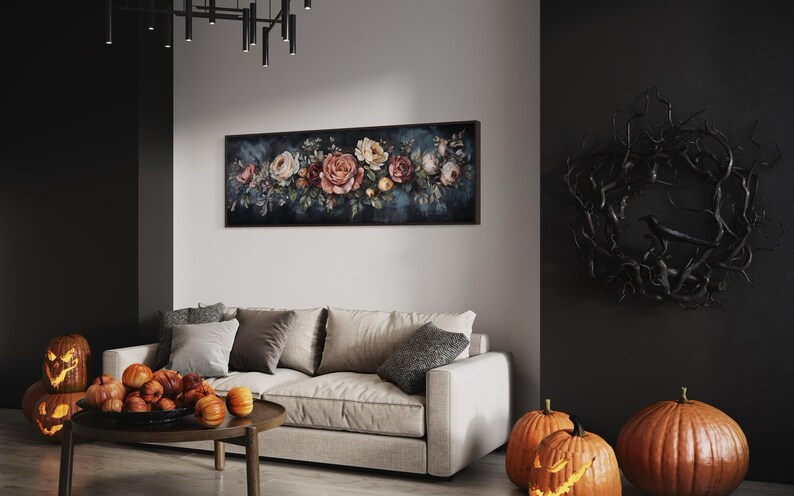 This Victorian-inspired floral canvas art showcases a stunning arrangement of roses in soft pink, cream, and deep red hues. Set against a moody dark blue background, it exudes timeless elegance and romantic charm.