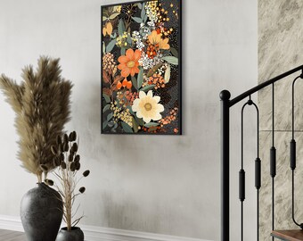 Modern Boho Floral Art Print – Abstract Flower Print, Botanical Dot Painting PRINT, Vibrant Nature Home Decor