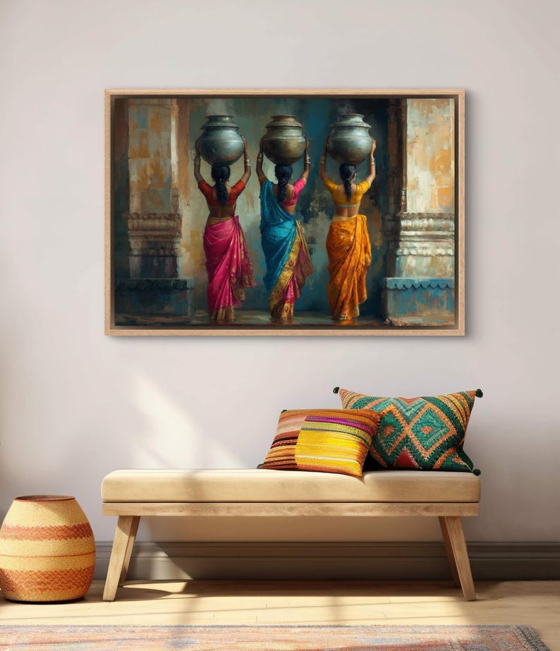 Celebrate cultural beauty with this vibrant art piece depicting three Indian women in colorful saris, gracefully carrying pots on their heads. The rich textures and warm tones make it a stunning addition to any space.