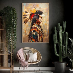 This striking portrait captures a Native American in profile, adorned with a vibrant feather headdress. The dynamic brushstrokes and bold colors evoke a sense of strength and spirit.