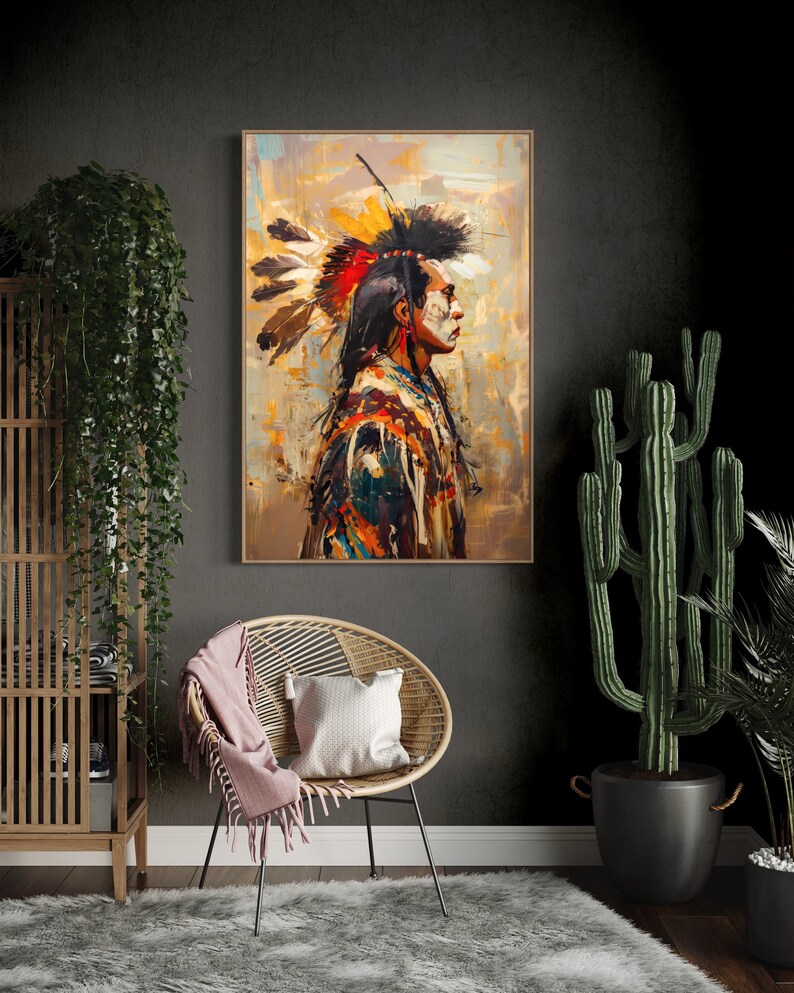 This striking portrait captures a Native American in profile, adorned with a vibrant feather headdress. The dynamic brushstrokes and bold colors evoke a sense of strength and spirit.