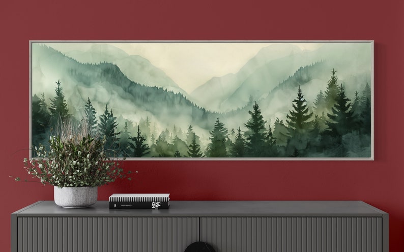 Misty Mountain Serenity: A dreamy vista where lush evergreens pierce through the soft veil of morning mist, creating layers of tranquil beauty.
