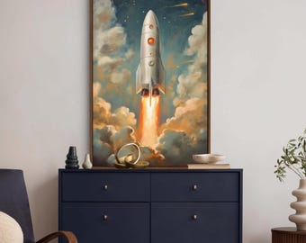 Retro Rocket Ship Wall Art - Vibrant Space Adventure Print