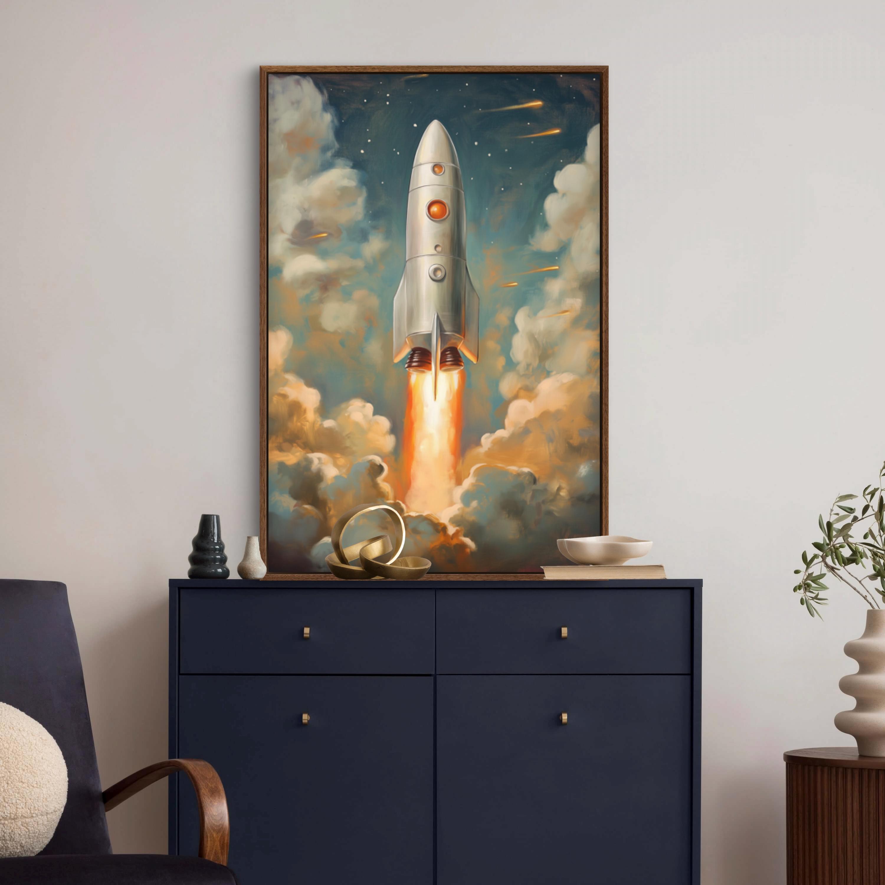 Retro Rocket Ship Wall Art - Vibrant Space Adventure Print