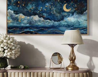 Dreamy Celestial Ocean Art - Starry Night and Crescent Moon Panoramic Print for Home Decore in Deep Blue and Navy