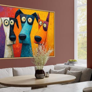 Colorful modern dog art print featuring three quirky cartoon-style dogs with big round eyes and long snouts. Vibrant palette of orange, teal, yellow, purple, and cream creates a fun pop-art look. A playful wall decor piece perfect for kids’ rooms, dog lovers, funky living rooms, vet offices, or eclectic gallery walls. (Print only, no texture.)