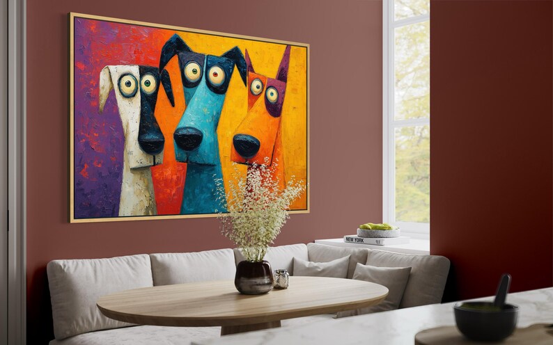 Colorful modern dog art print featuring three quirky cartoon-style dogs with big round eyes and long snouts. Vibrant palette of orange, teal, yellow, purple, and cream creates a fun pop-art look. A playful wall decor piece perfect for kids’ rooms, dog lovers, funky living rooms, vet offices, or eclectic gallery walls. (Print only, no texture.)