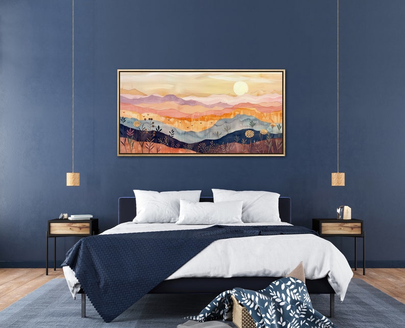 Serene rolling hills under a gentle sun, depicted in warm, soothing tones and stylized layers, evoke a sense of calm and whimsy in this pastoral landscape.