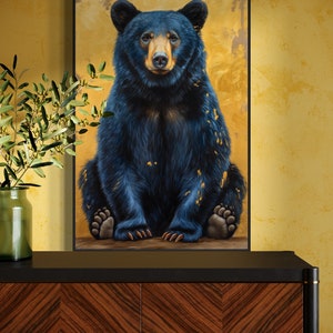 Realistic painting of a blue-black bear with golden accents. The bear sits against a textured golden background, combining natural beauty with artistic flair. Perfect for adding a unique touch of wilderness charm to any space.
