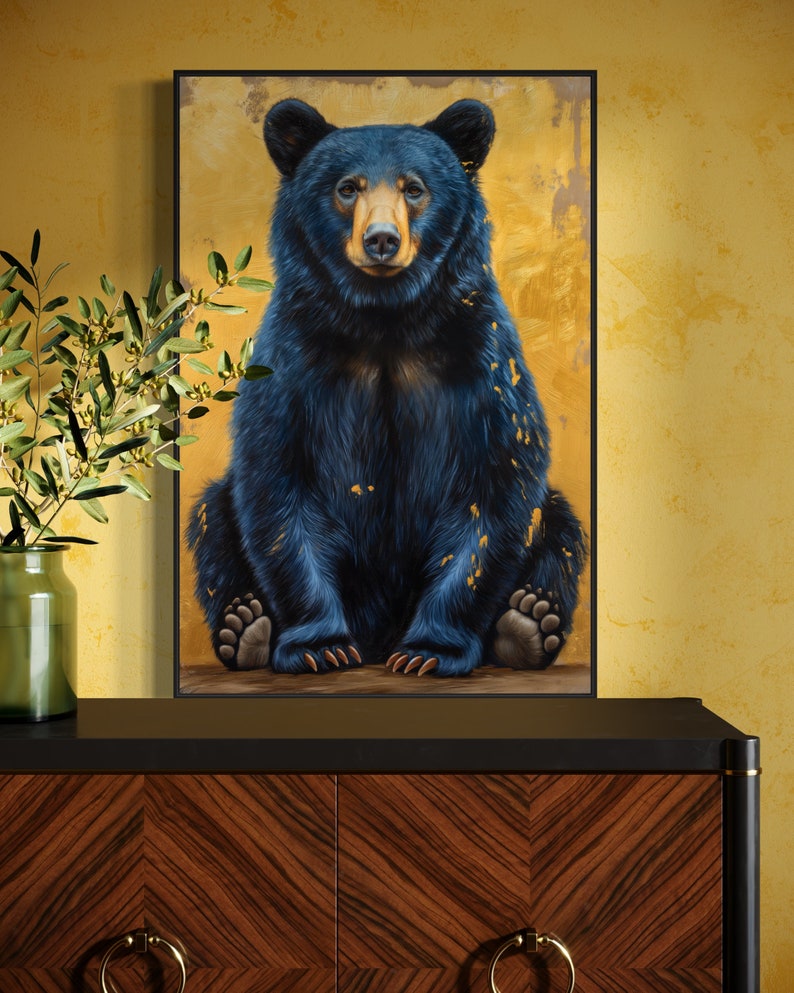 Realistic painting of a blue-black bear with golden accents. The bear sits against a textured golden background, combining natural beauty with artistic flair. Perfect for adding a unique touch of wilderness charm to any space.