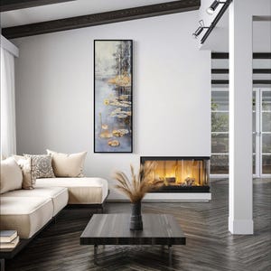 This serene painting features a tranquil pond with lily pads and birch trees. The soft, muted colors and delicate details create a peaceful, reflective scene, perfect for adding a touch of nature and calm to any space.