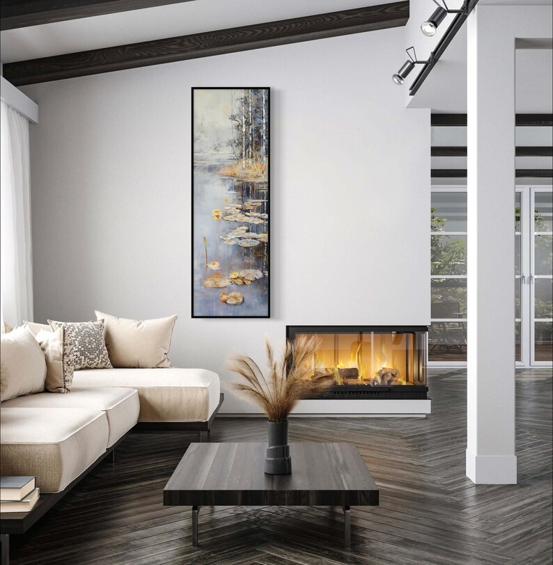 This serene painting features a tranquil pond with lily pads and birch trees. The soft, muted colors and delicate details create a peaceful, reflective scene, perfect for adding a touch of nature and calm to any space.