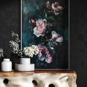 Baroque Mystique: Dark Academia Roses Painting Print - Elegant Dark Floral Still Life for Goth Room Decor