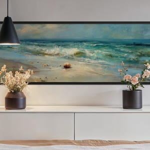 Beach Shell Art Print – Coastal Ocean Wave Canvas Wall Decor, Seaside Landscape Painting Print, Tranquil Beach House Wall Art