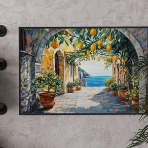 Escena callejera costera italiana con limoneros: decoración mediterránea para habitación o cocina, vibrante arte mural italiano y lámina con pintura de limones.
