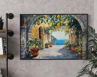 Italian Coastal Street Scene with Lemon Trees - Mediterranean Decor for Room or Kitchen, Vibrant Italy Wall Art and Lemon Painting Print