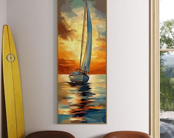 Segelboot bei Sonnenuntergang Art Print - Nautische Wanddekoration, Ozean Segeln Gemälde DRUCK, Küstenboot Kunstwerk, Wohndekor am Meer
