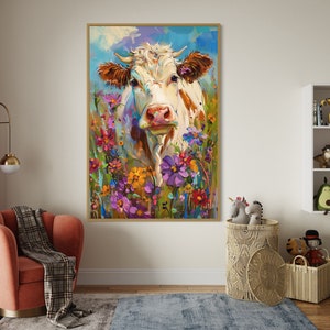 Whimsical Bovine Beauty - A lively painting of a cow among a splash of colourful wildflowers, rendered in a playful, impressionistic style.