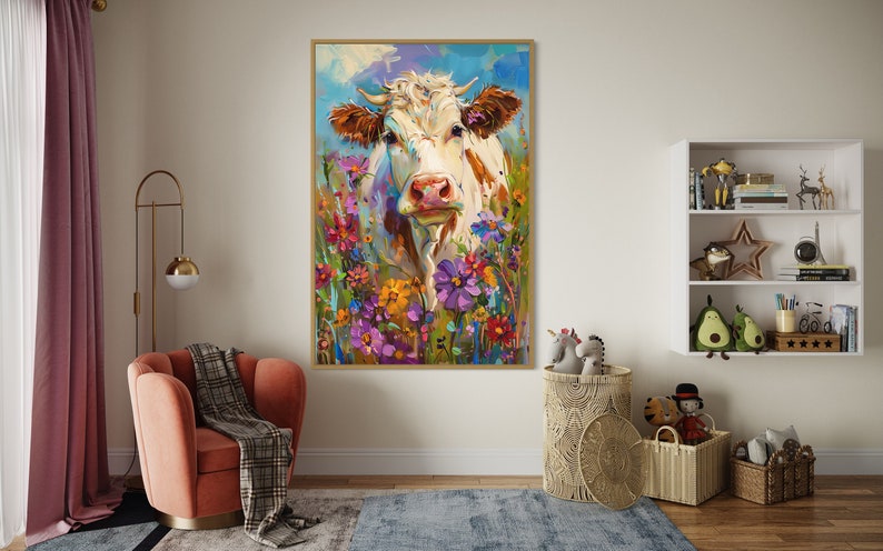 Whimsical Bovine Beauty - A lively painting of a cow among a splash of colourful wildflowers, rendered in a playful, impressionistic style.