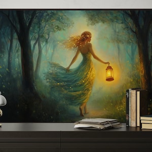 Mystical Forest Woman Art Print – Enchanted Lantern Lady Wall Art, Ethereal Nature Painting Print, Fantasy Forest Decor on Canvas or Paper