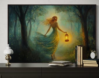 Mystical Forest Woman Art Print – Enchanted Lantern Lady Wall Art, Ethereal Nature Painting Print, Fantasy Forest Decor on Canvas or Paper