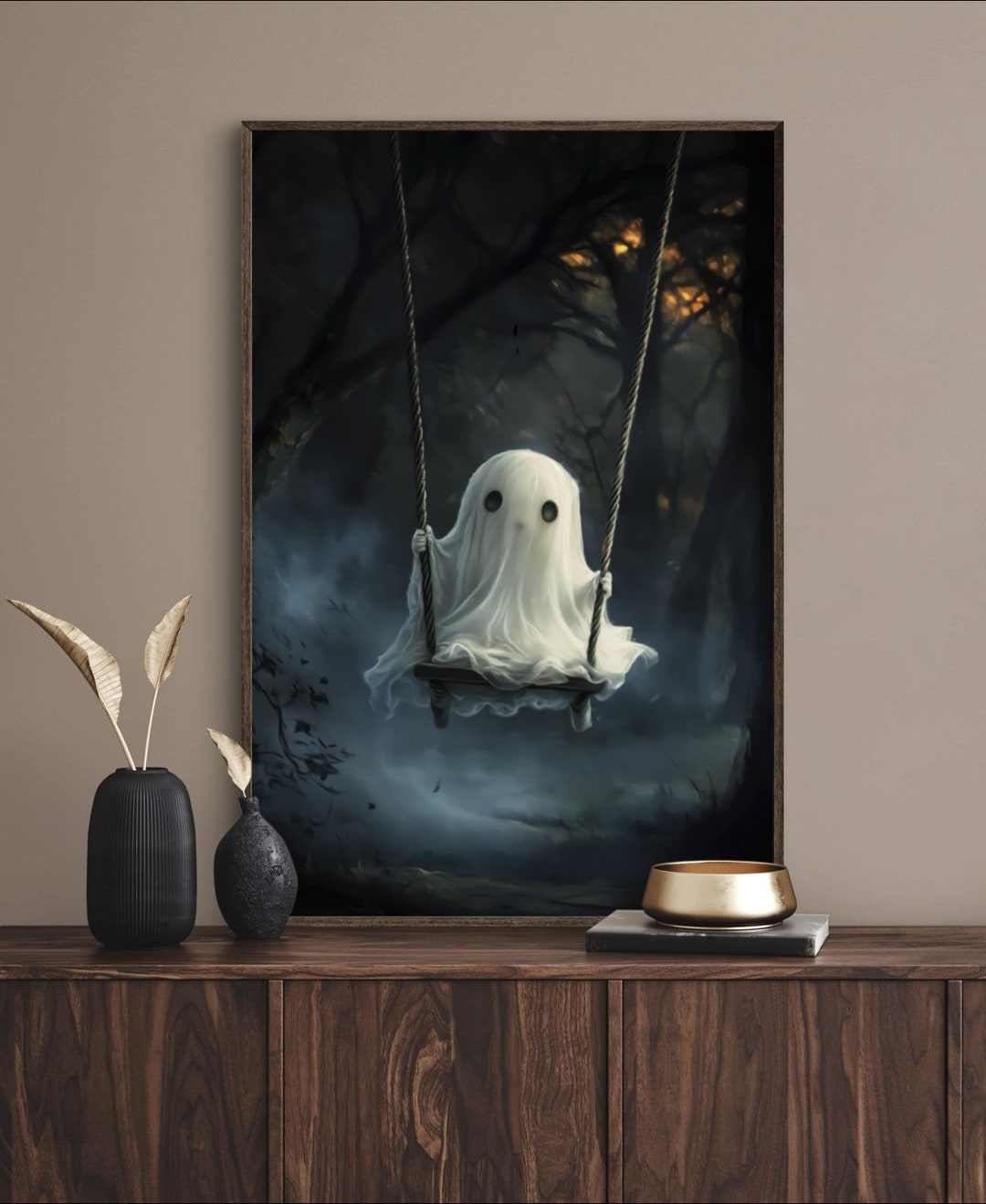 Cute Ghost on Swing - Mystical Forest Halloween Art Print for Spooky ...