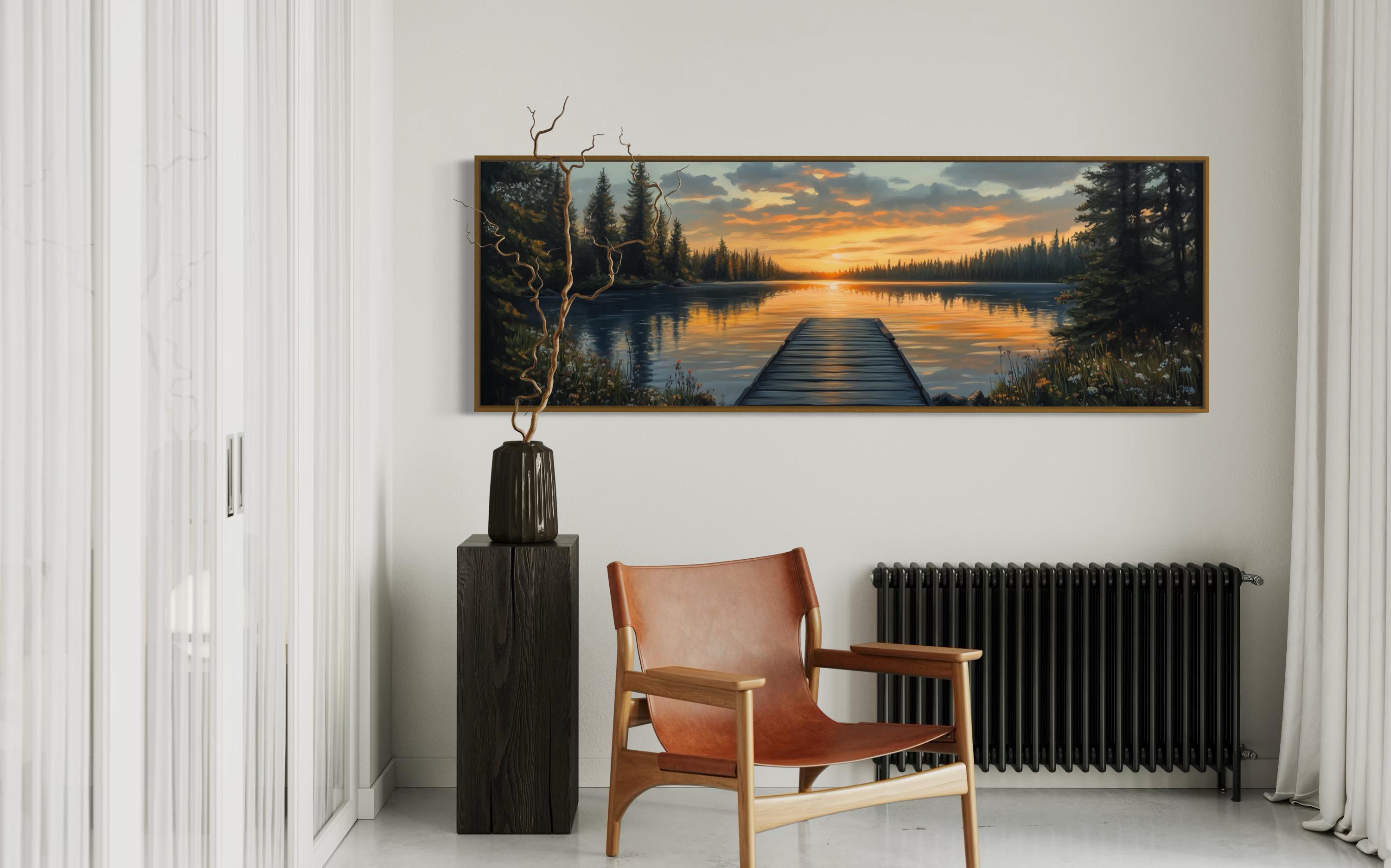 Sunset Lake Dock Art Print – Tranquil Nature Landscape Wall Art, Rustic ...