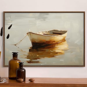 Golden Rowboat Canvas – Serene Coastal Wall Art, Peaceful Ocean Reflection Print, Nautical Decor for Living Room, Beach House