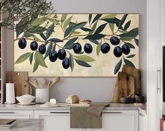 Elegante Olivenzweig Wandkunst - Mediterrane Leinwand, rustikale Küchendekoration, botanische Lebensmittel inspirierte Druck für Esszimmer oder Wohndekor