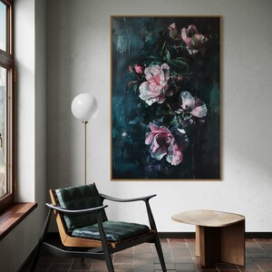 Emerald Nocturne  - A captivating floral display, with blooms of pink and white against a deep teal backdrop, exuding a mysterious, nocturnal charm.