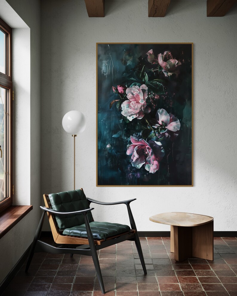 Emerald Nocturne  - A captivating floral display, with blooms of pink and white against a deep teal backdrop, exuding a mysterious, nocturnal charm.