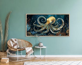 Octopus Art Print – Blue & Gold Ocean Wall Art, Underwater Marine Artwork for Coastal Decor