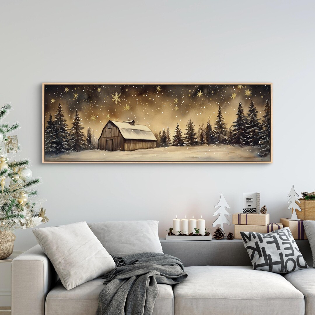 Rustic Snowy Barn Print – Panoramic Winter Landscape With Golden Stars ...