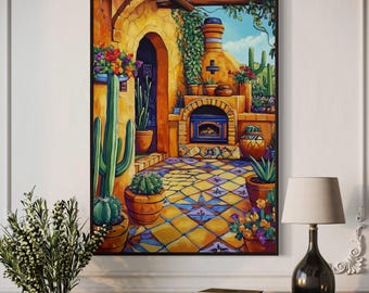 Mexican Outdoor Kitchen Canvas – Rustic Patio Art Print, Boho Hacienda Decor, Cactus Wall Art for Living Room or Above Bed