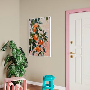 In this abstract painting, vibrant mandarins dangle amidst lush foliage, where bold strokes and vivid colors capture the essence of nature’s sweetness.