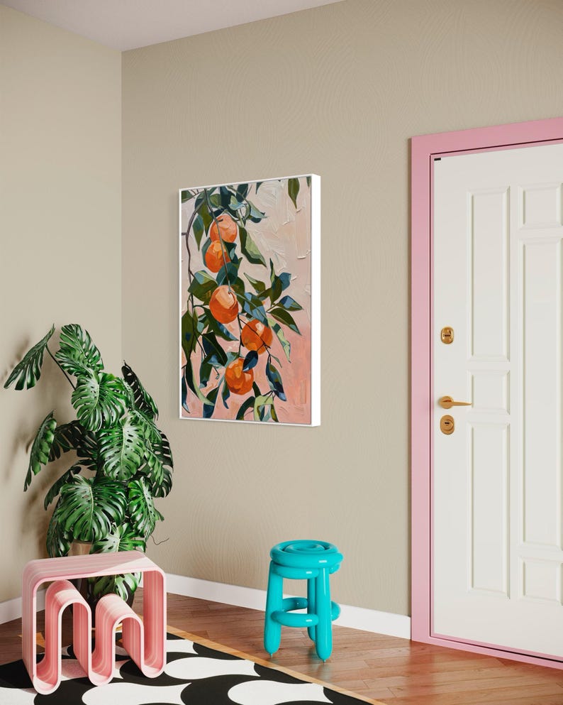 In this abstract painting, vibrant mandarins dangle amidst lush foliage, where bold strokes and vivid colors capture the essence of nature’s sweetness.