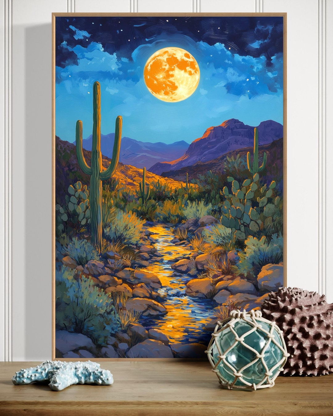 Desert Moon Wall Art - Boho Cactus Canvas, Moonlit Landscape Print ...