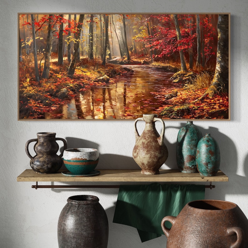 Autumn Whisper: A tranquil forest brook winds through a golden autumnal embrace, flanked by fiery red leaves and bathed in soft, dappled sunlight.