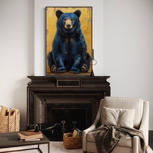 Realistic painting of a blue-black bear with golden accents. The bear sits against a textured golden background, combining natural beauty with artistic flair. Perfect for adding a unique touch of wilderness charm to any space.