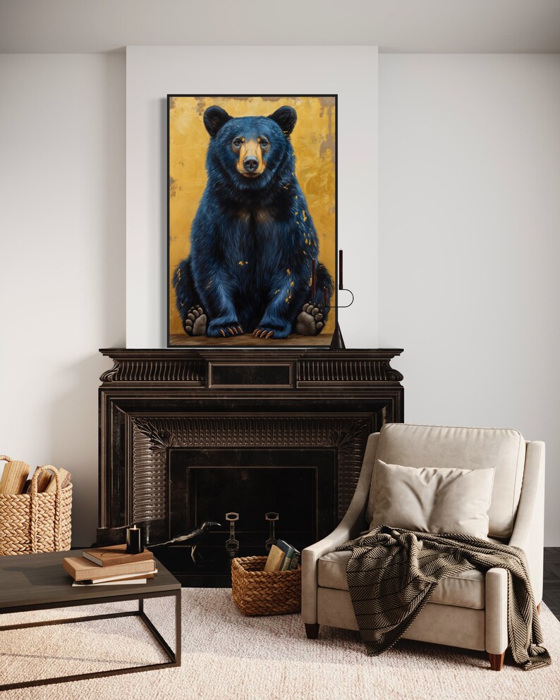 Realistic painting of a blue-black bear with golden accents. The bear sits against a textured golden background, combining natural beauty with artistic flair. Perfect for adding a unique touch of wilderness charm to any space.