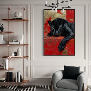 Striking art print of a black panther resting against a rich red and gold abstract background. The panther’s piercing gaze, sleek dark fur, and powerful presence create a dramatic and luxurious statement piece, blending wildlife majesty with bold modern art design for a captivating interior accent.