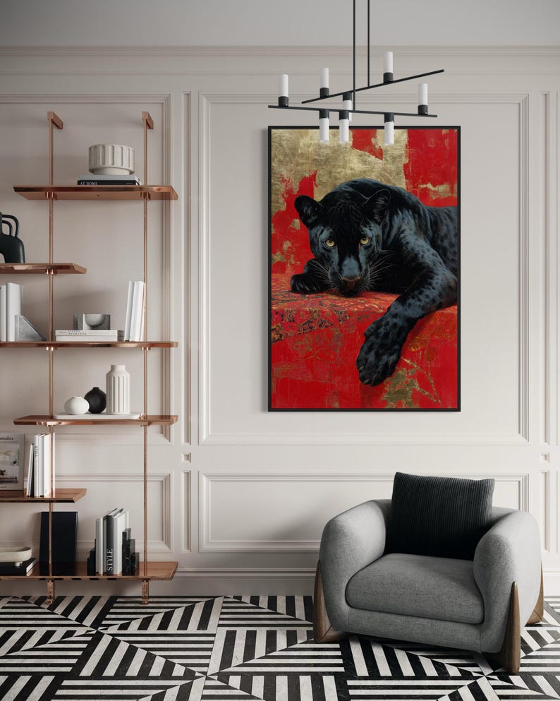 Striking art print of a black panther resting against a rich red and gold abstract background. The panther’s piercing gaze, sleek dark fur, and powerful presence create a dramatic and luxurious statement piece, blending wildlife majesty with bold modern art design for a captivating interior accent.