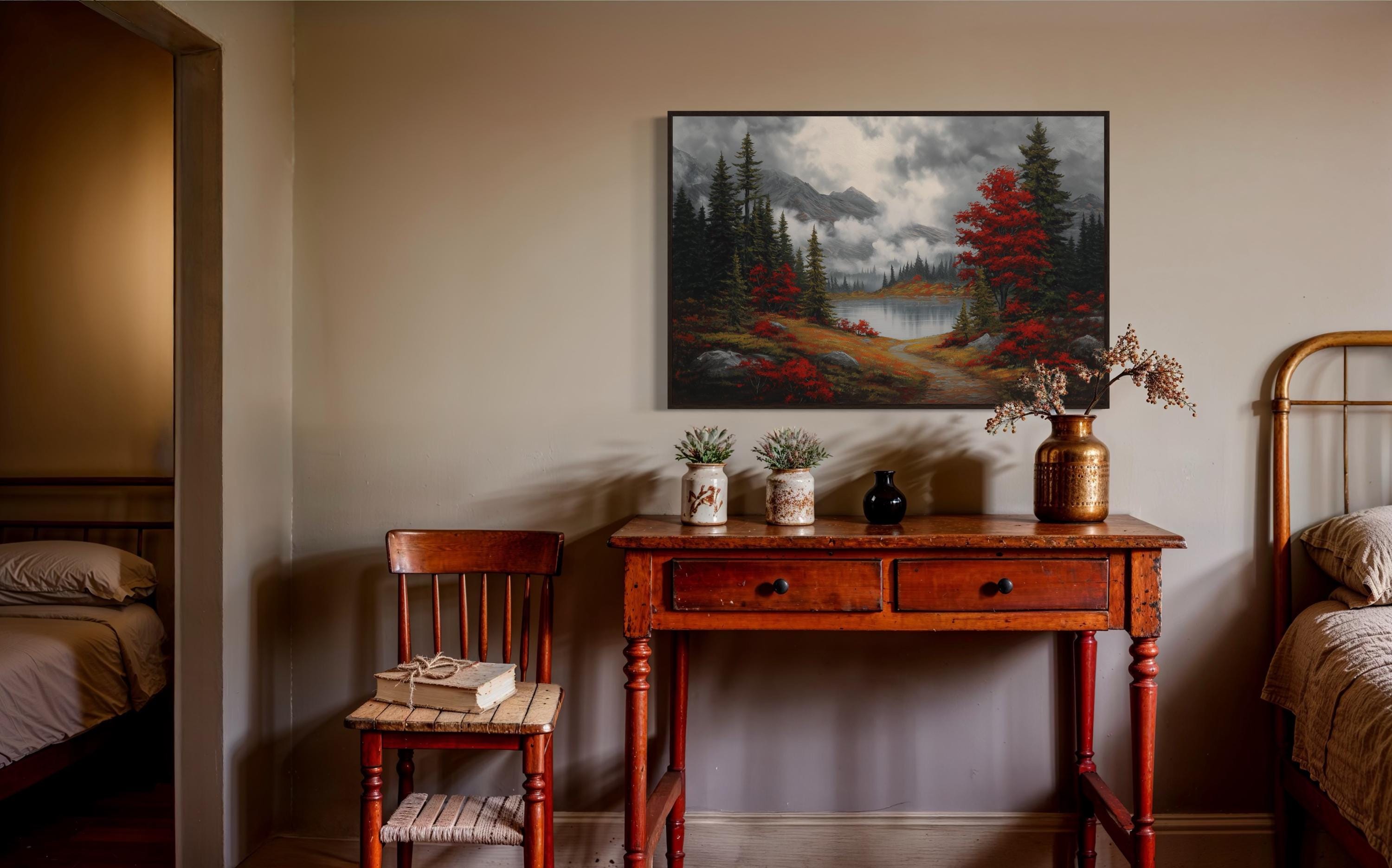 Autumn Mountain Lake Art Print – Moody Landscape Wall Art, Red Maple ...