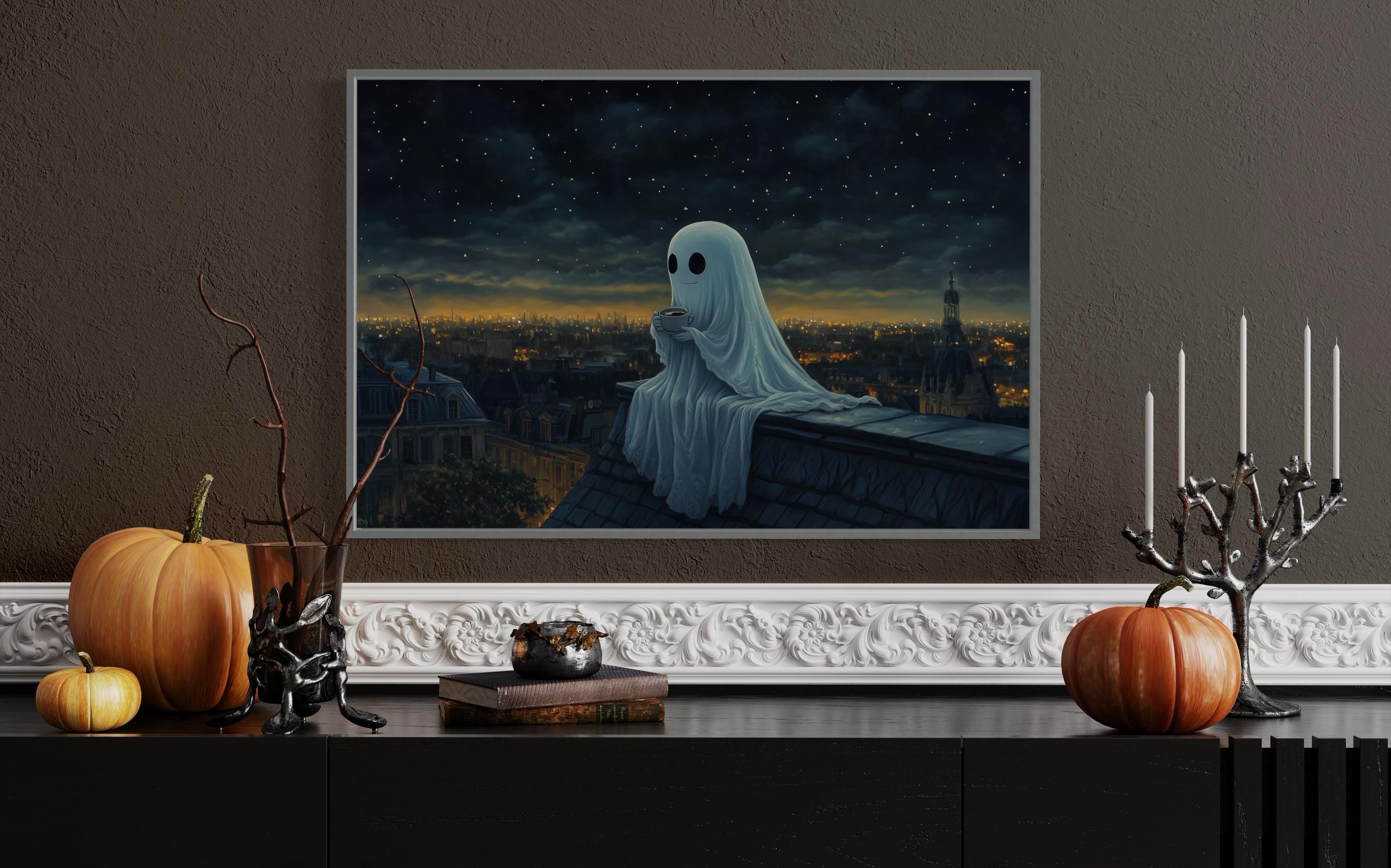 Cozy Ghost Rooftop Art Print – Cute Halloween Wall Art, Whimsical Ghost ...