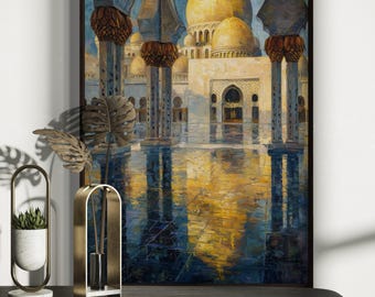 Golden Mosque Wall Art – Islamic Architecture Print, Middle Eastern Decor, Dome & Arches Painting, Elegant Islamic Home Art, Ramadan Gift