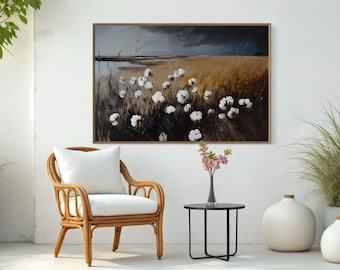 Rustic Cotton Field Wall Art - Moody Landscape Canvas, Neutral Farmhouse Decor, Elegant Countryside Print for Living Room