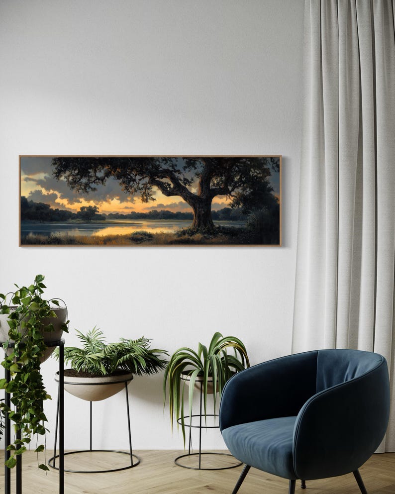 Capturing the tranquil essence of dusk, this panoramic artwork features a majestic oak tree overlooking a serene river, illuminated by the golden hues of a setting sun.